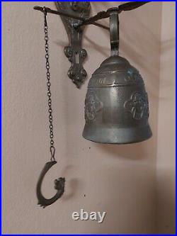 Antique Vintage Brass Ornate Door Bell with Pull Chain, Latin Phrase around Top