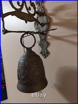 Antique Vintage Brass Ornate Door Bell with Pull Chain, Latin Phrase around Top