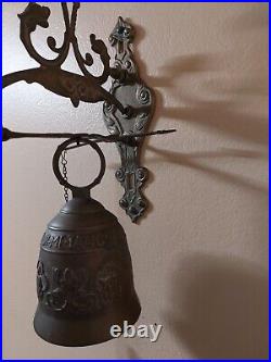 Antique Vintage Brass Ornate Door Bell with Pull Chain, Latin Phrase around Top