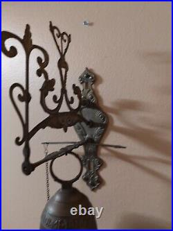 Antique Vintage Brass Ornate Door Bell with Pull Chain, Latin Phrase around Top