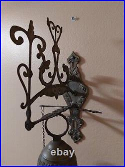 Antique Vintage Brass Ornate Door Bell with Pull Chain, Latin Phrase around Top