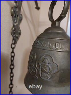 Antique Vintage Brass Ornate Door Bell with Pull Chain, Latin Phrase around Top
