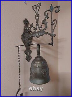 Antique Vintage Brass Ornate Door Bell with Pull Chain, Latin Phrase around Top