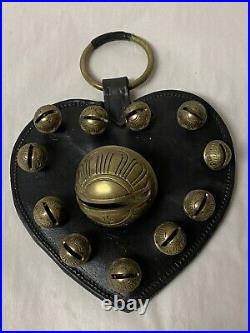Antique Vintage Brass Sleigh Bells On Leather Heart Horse
