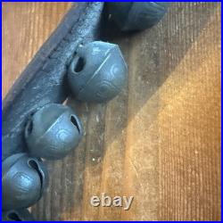 Antique Vintage Brass Sleigh Bells on Original Leather Strap 31 with 18 Bells