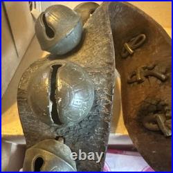 Antique Vintage Brass Sleigh Bells on Original Leather Strap 31 with 18 Bells