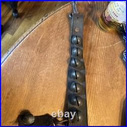 Antique Vintage Brass Sleigh Bells on Original Leather Strap 31 with 18 Bells