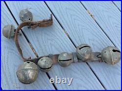 Antique Vintage Brass Sleigh Bells on Original Leather Strap, Horse Primitive