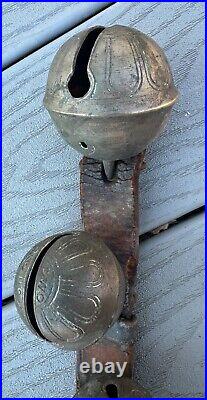 Antique Vintage Brass Sleigh Bells on Original Leather Strap, Horse Primitive