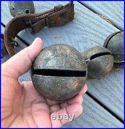 Antique Vintage Brass Sleigh Bells on Original Leather Strap, Horse Primitive