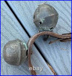 Antique Vintage Brass Sleigh Bells on Original Leather Strap, Horse Primitive
