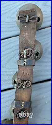 Antique Vintage Brass Sleigh Bells on Original Leather Strap, Horse Primitive