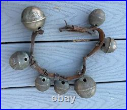 Antique Vintage Brass Sleigh Bells on Original Leather Strap, Horse Primitive