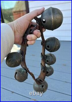 Antique Vintage Brass Sleigh Bells on Original Leather Strap, Horse Primitive
