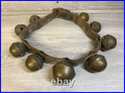 Antique Vintage Brass Sleigh Bells on Original Leather Strap, with 9 Bells
