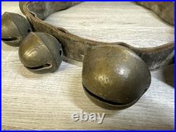 Antique Vintage Brass Sleigh Bells on Original Leather Strap, with 9 Bells