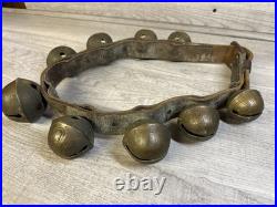 Antique Vintage Brass Sleigh Bells on Original Leather Strap, with 9 Bells