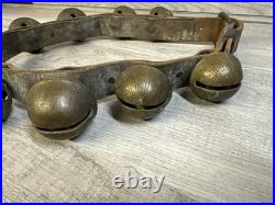 Antique Vintage Brass Sleigh Bells on Original Leather Strap, with 9 Bells