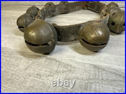 Antique Vintage Brass Sleigh Bells on Original Leather Strap, with 9 Bells