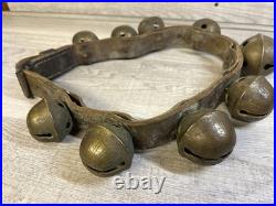 Antique Vintage Brass Sleigh Bells on Original Leather Strap, with 9 Bells