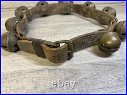 Antique Vintage Brass Sleigh Bells on Original Leather Strap, with 9 Bells