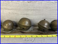 Antique Vintage Brass Sleigh Bells on Original Leather Strap, with 9 Bells