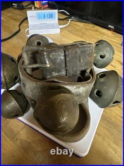 Antique Vintage Brass Sleigh Bells on Original Leather Strap, with 9 Bells