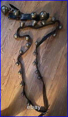 Antique Vintage Brass Sleigh Style Bells Original Leather +Small Strap Lrg Bells