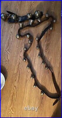 Antique Vintage Brass Sleigh Style Bells Original Leather +Small Strap Lrg Bells