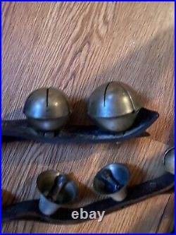 Antique Vintage Brass Sleigh Style Bells Original Leather +Small Strap Lrg Bells