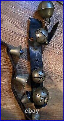 Antique Vintage Brass Sleigh Style Bells Original Leather +Small Strap Lrg Bells