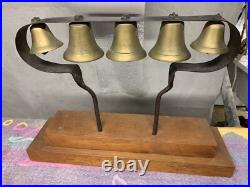 Antique Vintage Conestoga Brass Bells Mounted on Wood Base