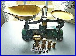Antique Vintage English Librasco / Libra Kitchen Scales + 7 Brass Bell Weights