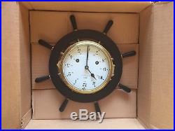 Antique Vintage German Schatz Brass and Wood Ship's Bell Clock and Barometer Set
