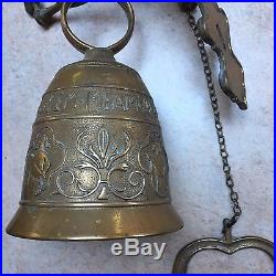 Antique Vintage Large Brass Door Hand Bell Whoever Touches Me Hears My Voice