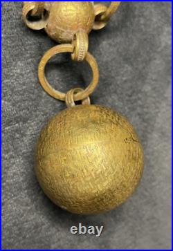 Antique Vintage Textured Leaf Greek Key Pattern Gilt Gold Brass Linked Bells