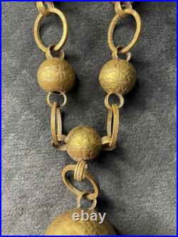 Antique Vintage Textured Leaf Greek Key Pattern Gilt Gold Brass Linked Bells