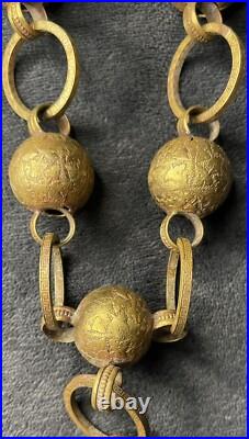 Antique Vintage Textured Leaf Greek Key Pattern Gilt Gold Brass Linked Bells