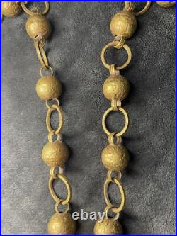 Antique Vintage Textured Leaf Greek Key Pattern Gilt Gold Brass Linked Bells