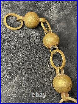 Antique Vintage Textured Leaf Greek Key Pattern Gilt Gold Brass Linked Bells