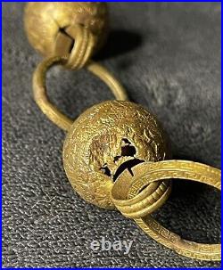 Antique Vintage Textured Leaf Greek Key Pattern Gilt Gold Brass Linked Bells