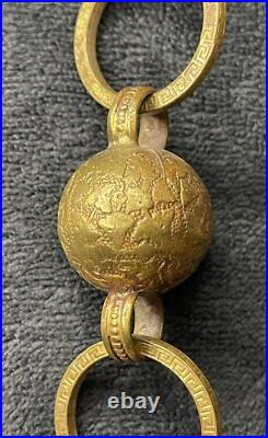 Antique Vintage Textured Leaf Greek Key Pattern Gilt Gold Brass Linked Bells