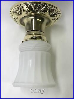 Antique Vtg Brass Art Deco Flush Mount Ceiling Light Fixture & White Glass Shade