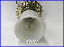 Antique Vtg Brass Art Deco Flush Mount Ceiling Light Fixture & White Glass Shade