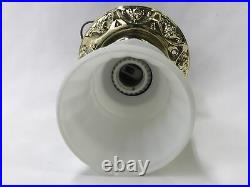 Antique Vtg Brass Art Deco Flush Mount Ceiling Light Fixture & White Glass Shade