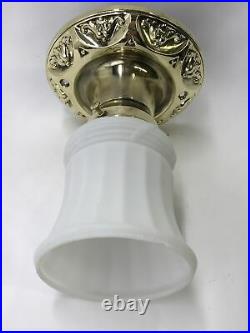 Antique Vtg Brass Art Deco Flush Mount Ceiling Light Fixture & White Glass Shade