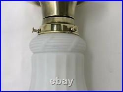 Antique Vtg Brass Art Deco Flush Mount Ceiling Light Fixture & White Glass Shade