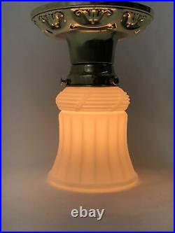 Antique Vtg Brass Art Deco Flush Mount Ceiling Light Fixture & White Glass Shade