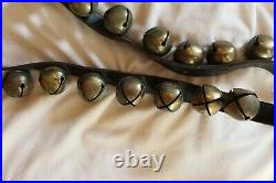 Antique Vtg. Brass SLEIGH BELLS on Leather Strap Belt. 29 Brass Bells 72 Long