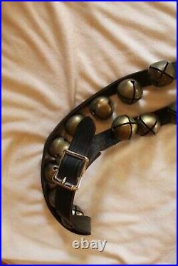 Antique Vtg. Brass SLEIGH BELLS on Leather Strap Belt. 29 Brass Bells 72 Long